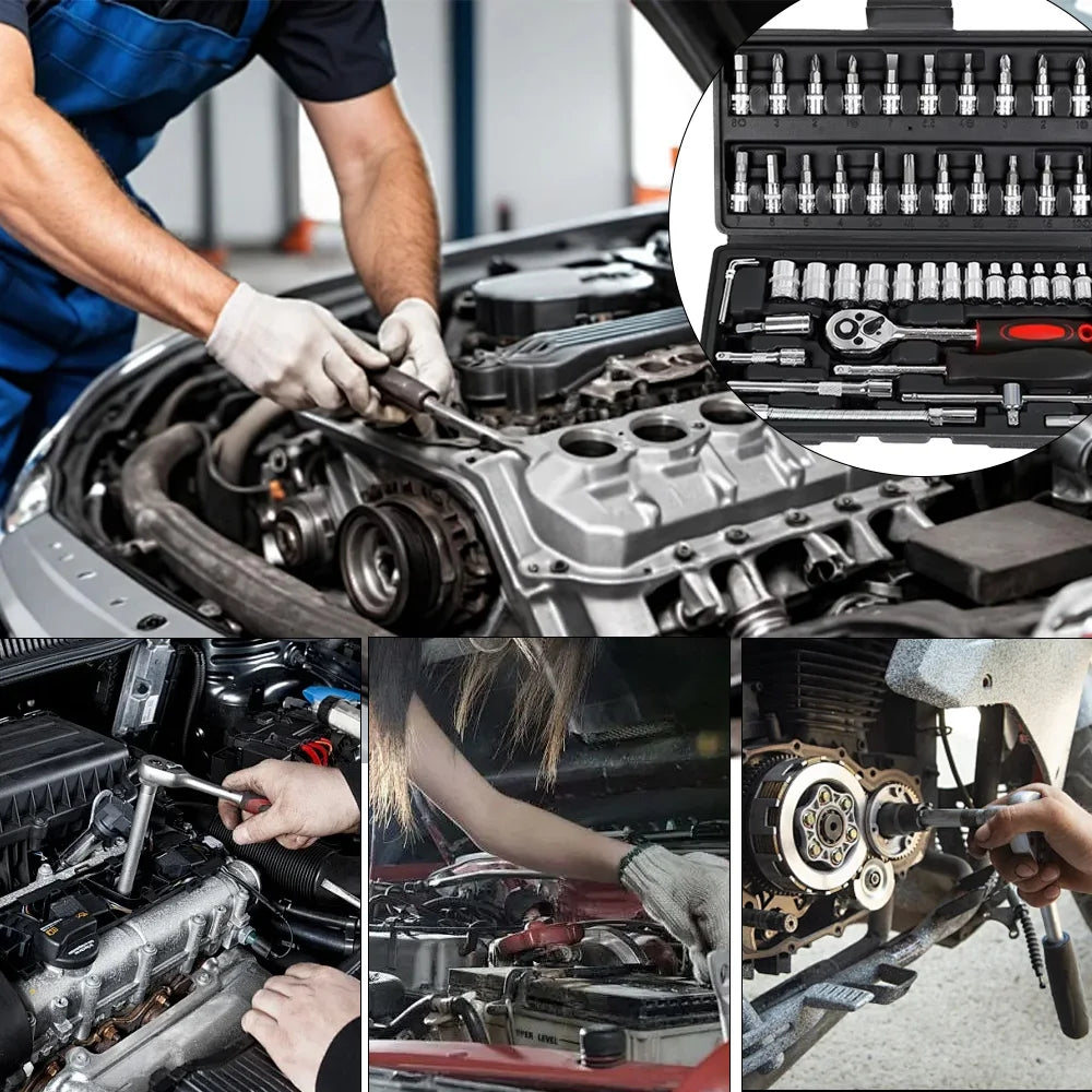 Motorcycle 46pcs 1/4 Inch Drive Socket Ratchet Wrench Set Complete Car Repair Kit