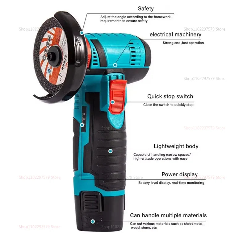 12V Cordless Electric Angle Grinder Compact 19500rpm LithiumBattery Mini Polishing Grinding Diamond Cut Tool for DIY and HomeUse