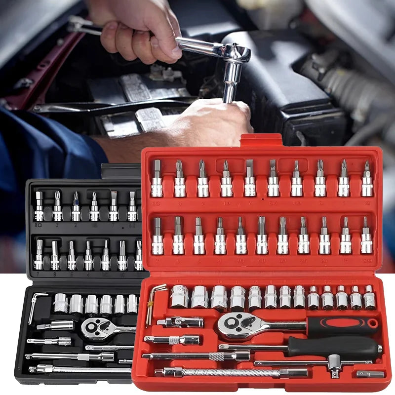 Motorcycle 46pcs 1/4 Inch Drive Socket Ratchet Wrench Set Complete Car Repair Kit