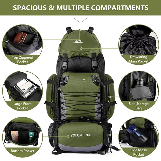 Large 90-liter travel bag, camping backpack, hiking backpack, military backpack, mountaineering backpack, outdoor backpack