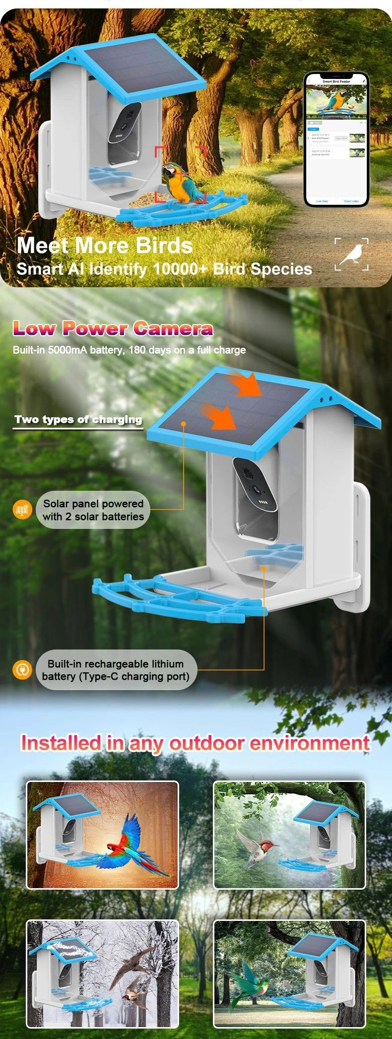 Smart Bird Feeder with Camera,2K HD Video, AI Identify Birds