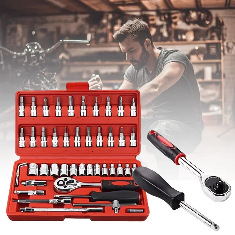 Motorcycle 46pcs 1/4 Inch Drive Socket Ratchet Wrench Set Complete Car Repair Kit