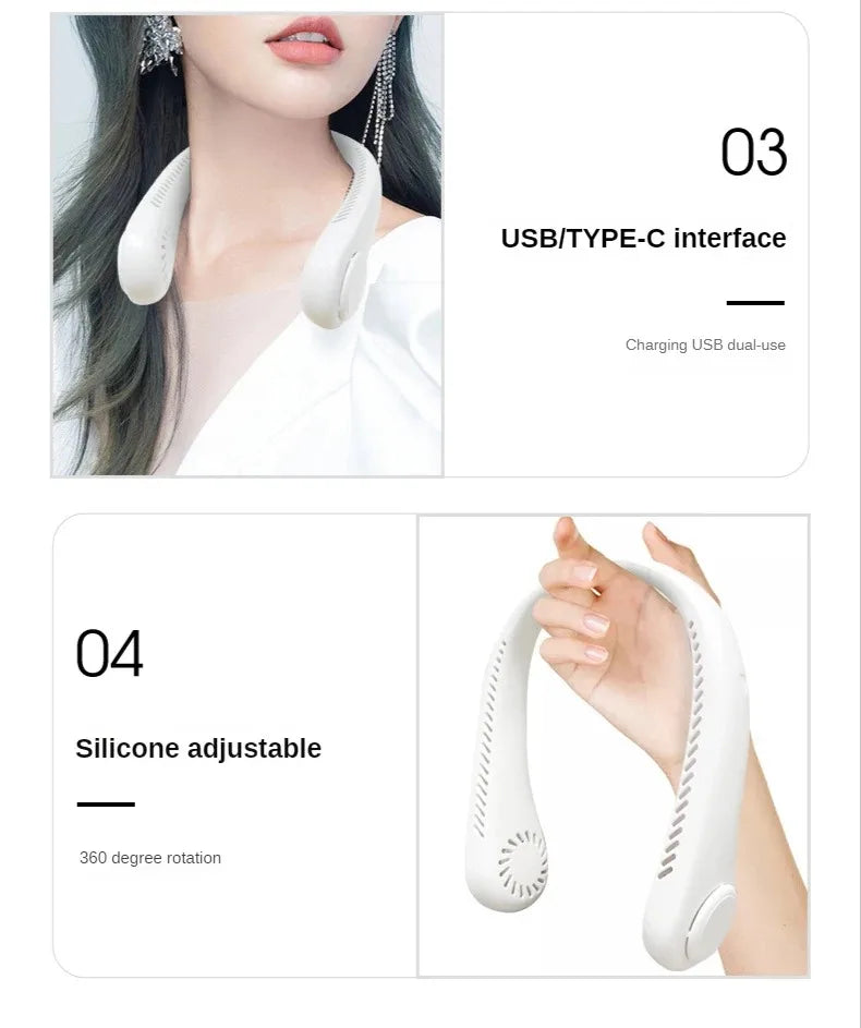 Portable Neck Fan, Mini Bladeless Hanging Neck Fan 1200mAh Rechargeable Air Cooler 3 Speed for Student Office Summer Sports Fans