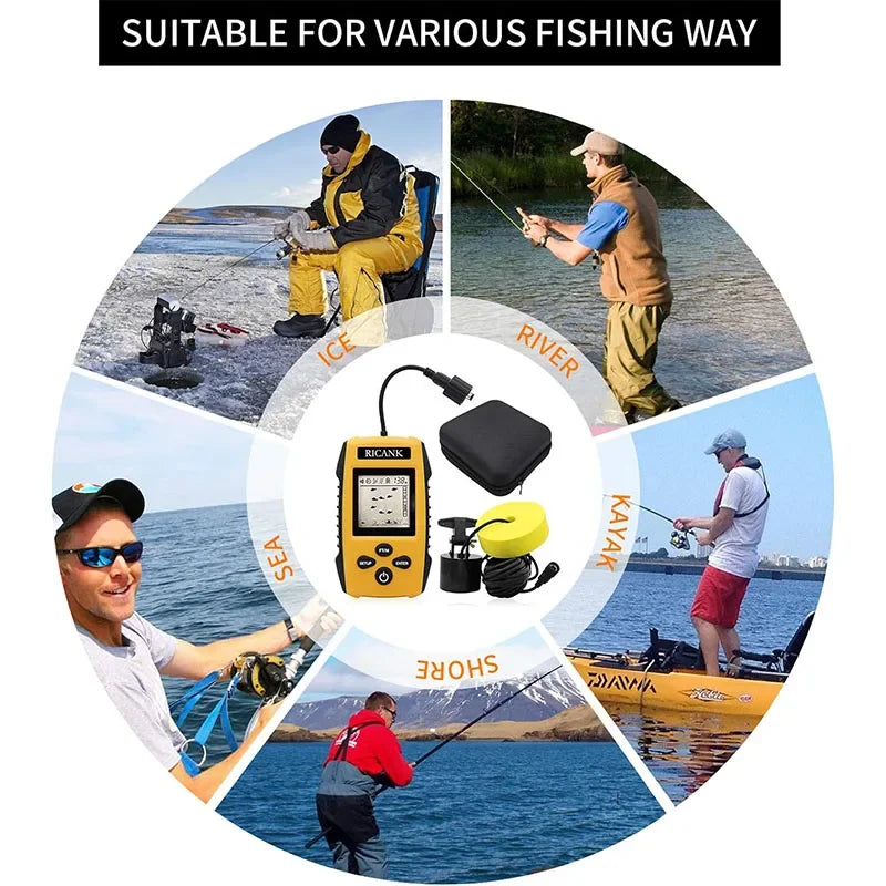 New Upgrade Handheld Fish Depth Finder Ice Kayak Shore Boat Fishing Fish Detector Device Sonar Sensor Transducer and LCD Display