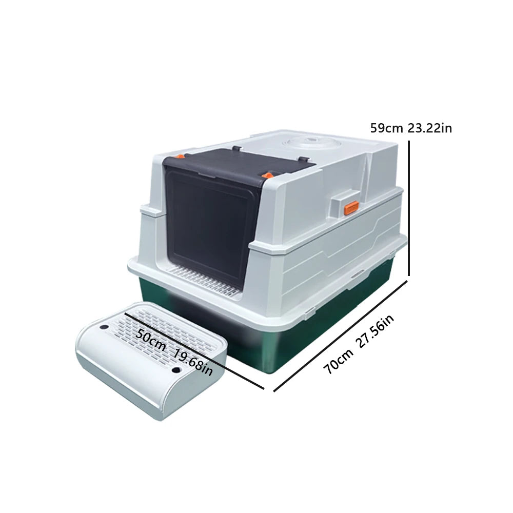 Stainless steel litter box with lid, extra-large enclosed kitty litter pan, equipped with steps and a litter scoop,