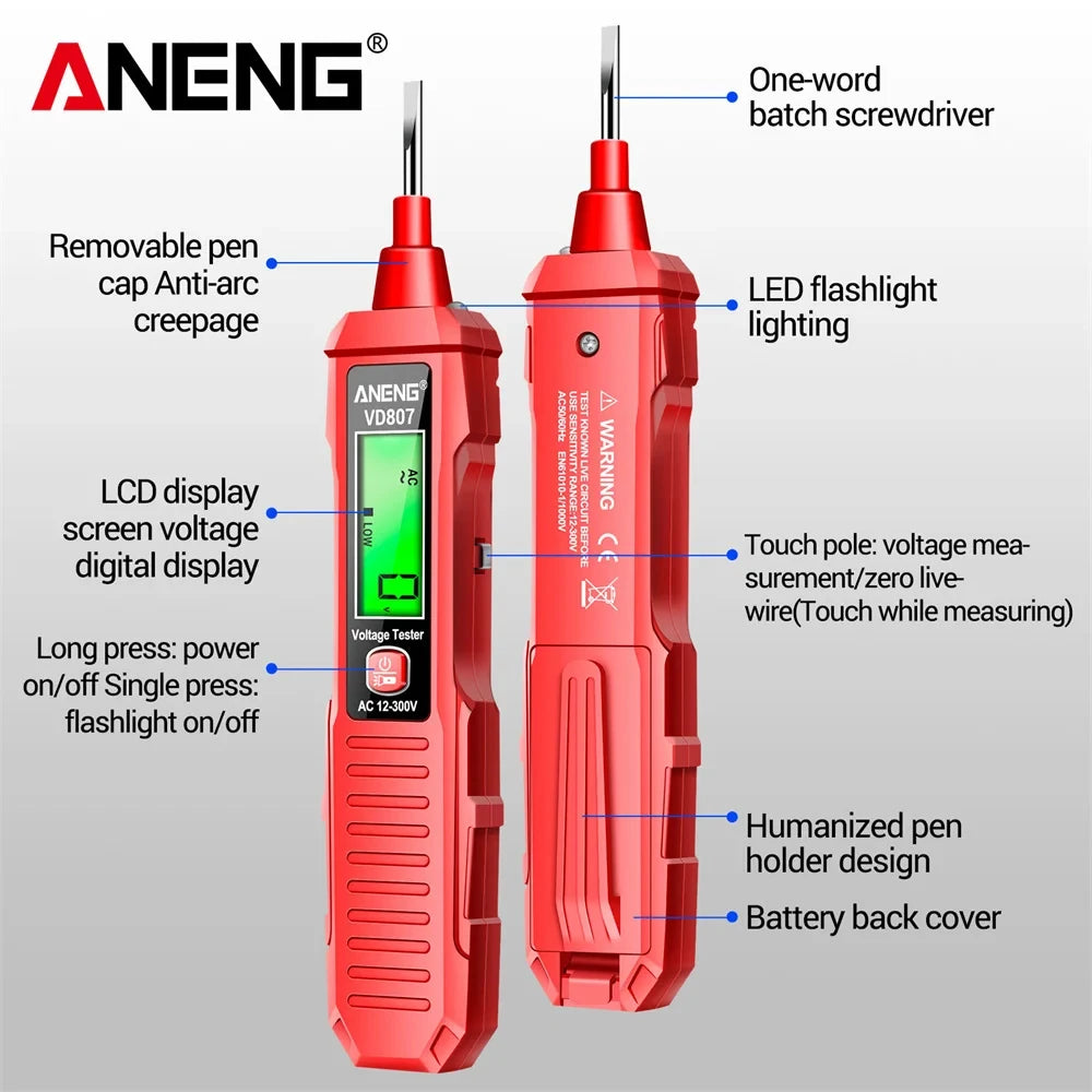 VD807 One-word Induction Portable 50/60Hz Smart Electric Pen Tester NCV Sensor AC 12-300V Non-contact Wire Detector Tools